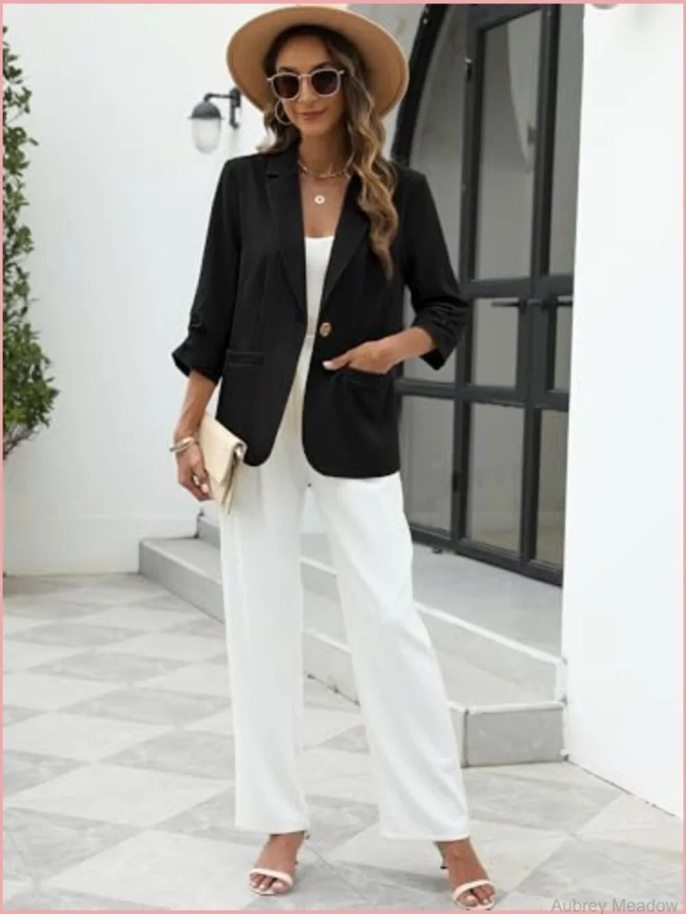 Linen Blazer 3/4 Ruched Sleeves Slim Fit Jacket with Pockets